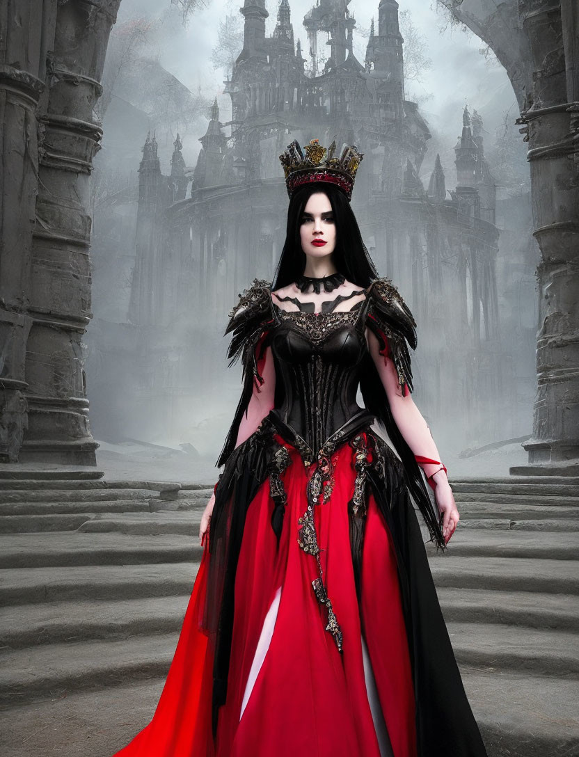 Woman in black and red gown with crown in front of gothic castle.