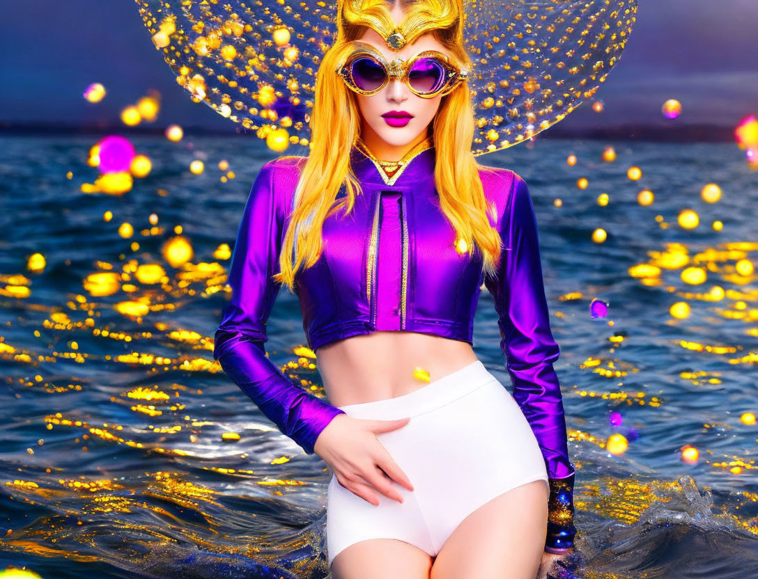 Woman in Purple Jacket and Masquerade Mask by Sparkling Blue Water
