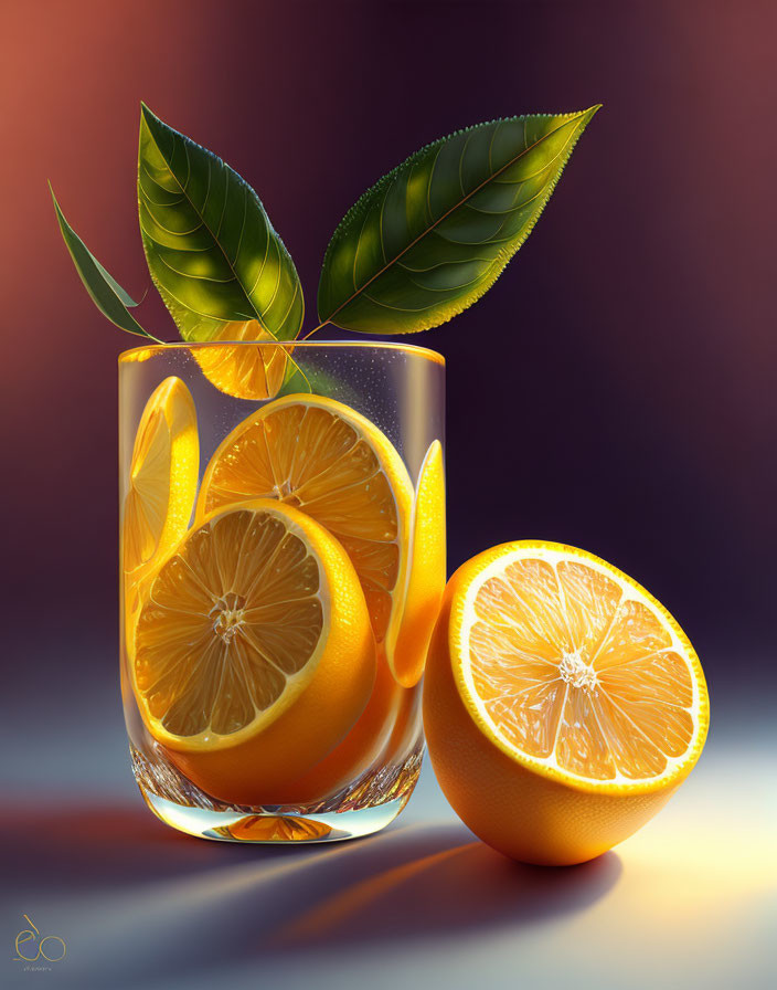 Digital artwork of glass with sliced oranges, halved fruit beside, and green leaves on soft-lit