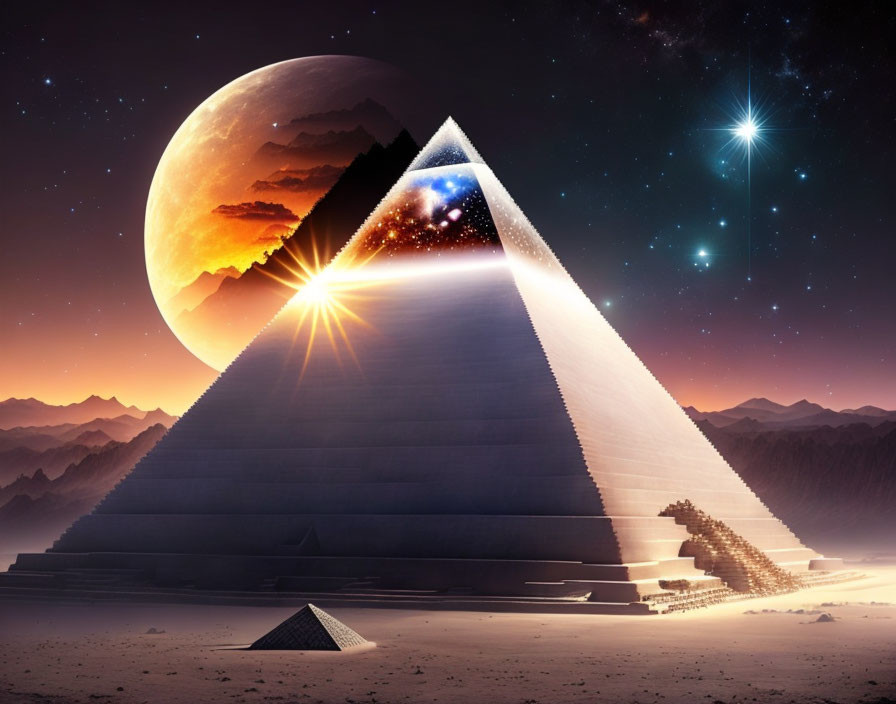 Surreal pyramids under starry sky with cosmic elements