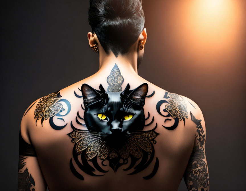 Large black cat with yellow eyes back tattoo on warm-toned backdrop