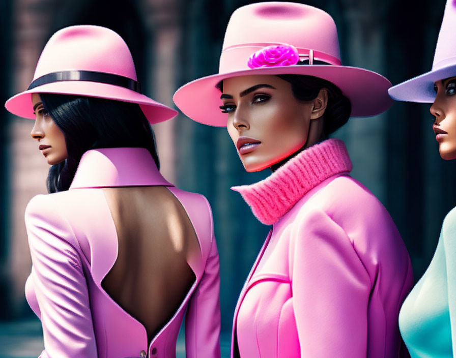 Three Women in Vibrant Pink Outfits and Stylish Hats Posed in Different Directions