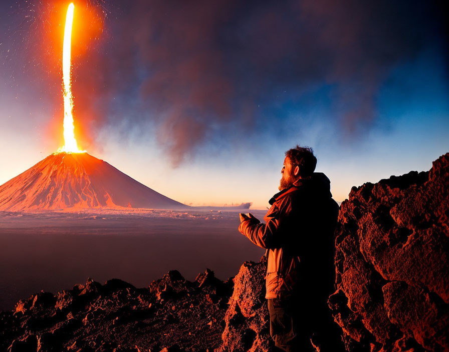 Person watching active volcano erupting at twilight