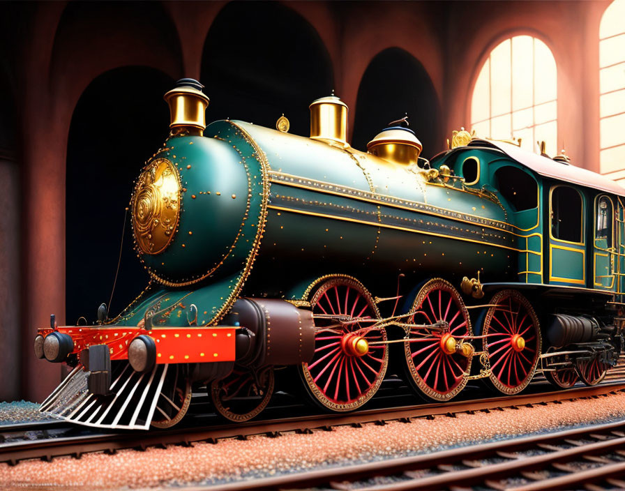 Vintage Steam Locomotive with Polished Brass Fittings and Vibrant Paint Details