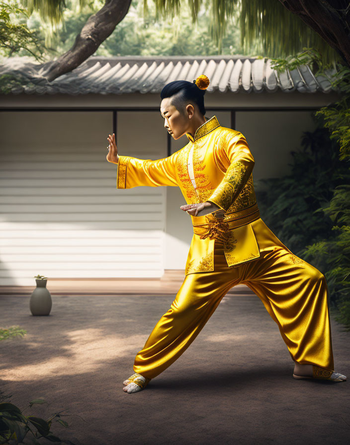 Traditional Chinese Outfit Martial Arts Pose in Garden