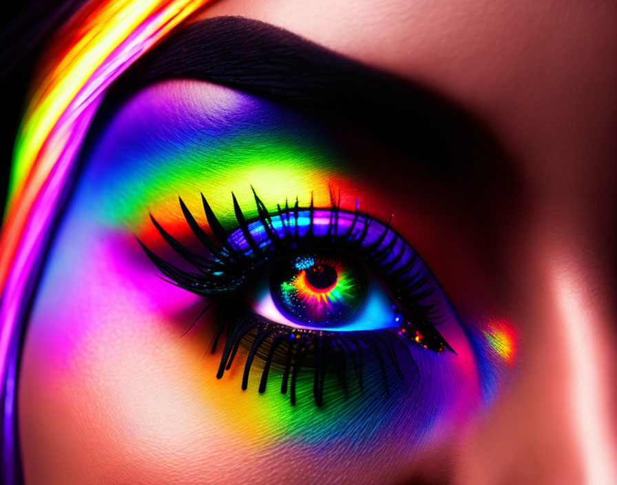 Vibrant neon rainbow eye makeup in close-up shot