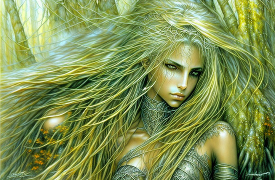 Fantasy female figure with long blonde hair and silver armor in mystical forest