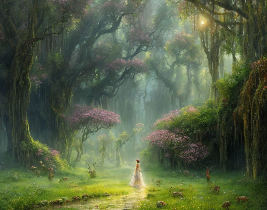 Pink blooming trees, sunlit path, deer, and figure in long dress in tranquil forest scene