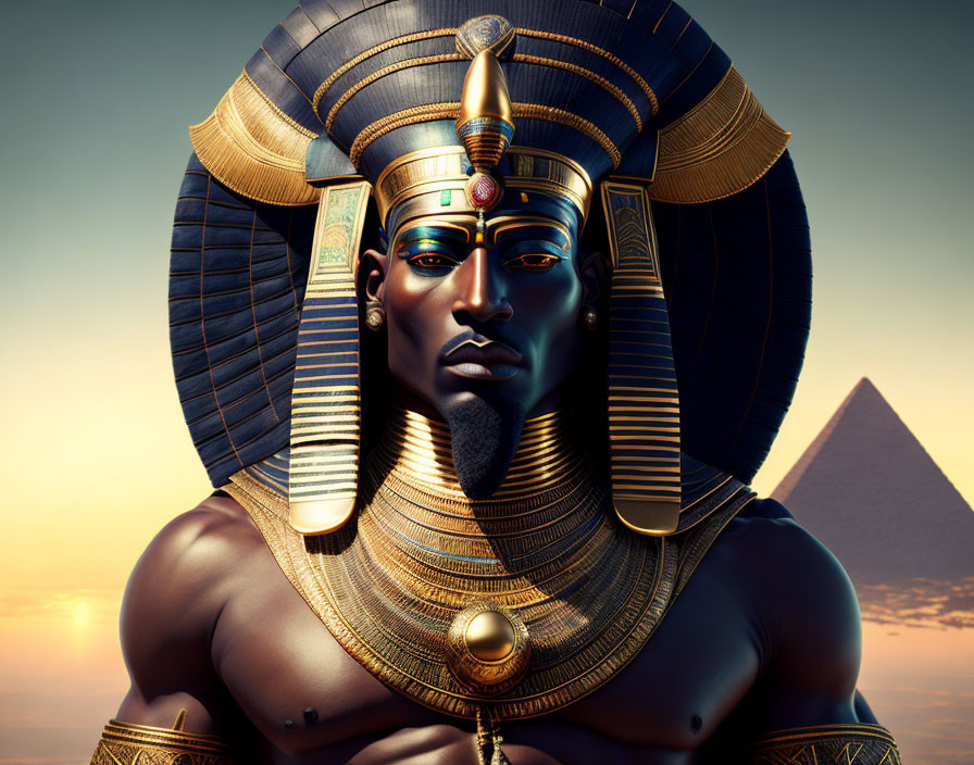 Egyptian Pharaoh with traditional headgear, jewelry, and pyramid at sunset
