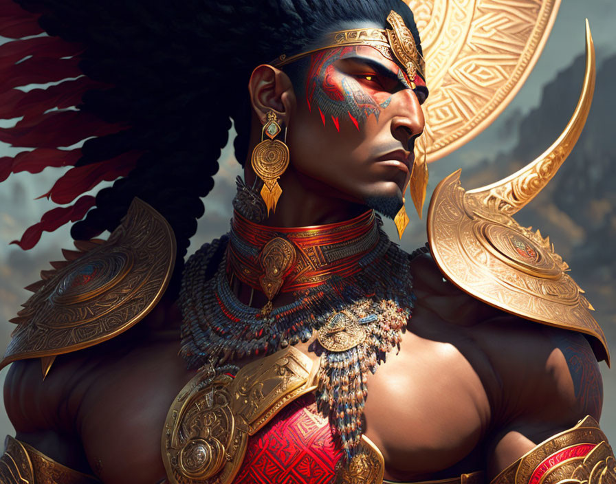 Warrior illustration in elaborate golden armor with red accents