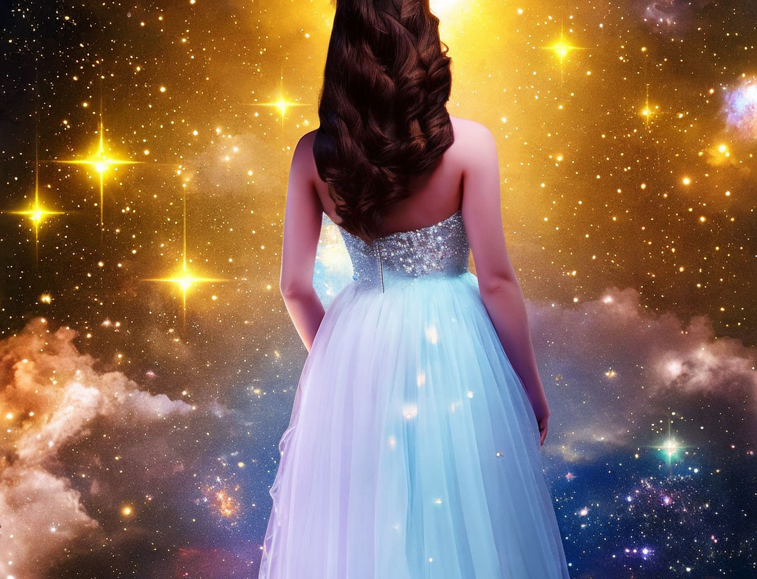 Woman in Sparkling Blue Dress Under Cosmic Sky