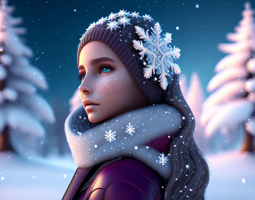 Girl in Winter Attire with Snowflakes in Profile View amid Snowy Trees and Twilight Sky
