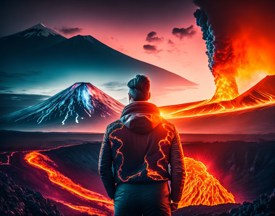 Person facing erupting volcano with lava river, calm volcano in background