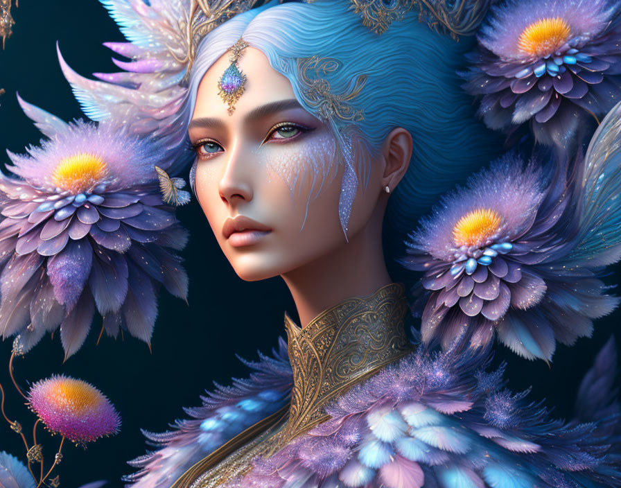 Digital Artwork: Otherworldly Woman with Blue Hair, Purple Flowers, and Golden Patterns