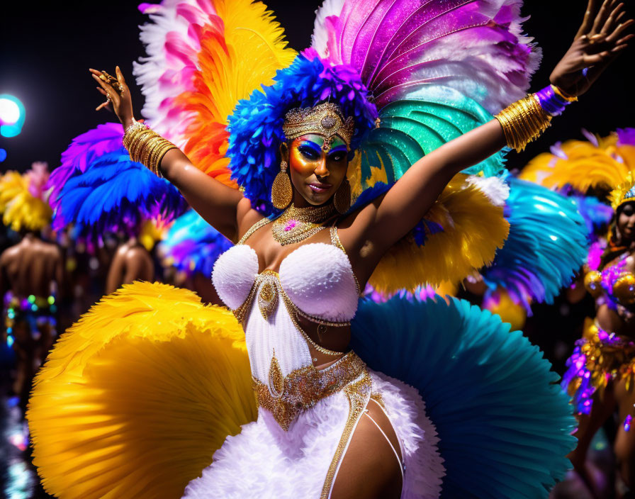 Colorful Carnival Dancer in Feather Costume Smiling