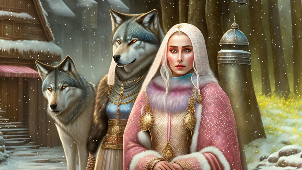 Woman with wolves in snowy landscape and falling snowflakes