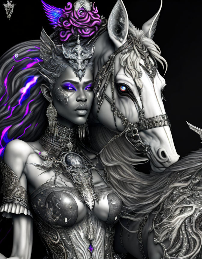 Monochrome woman with purple glowing eyes in silver armor with mystical horse
