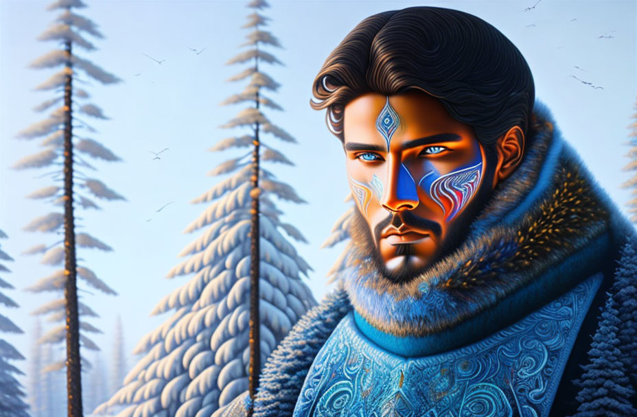Intricate blue face paint on man in snowy forest with birds