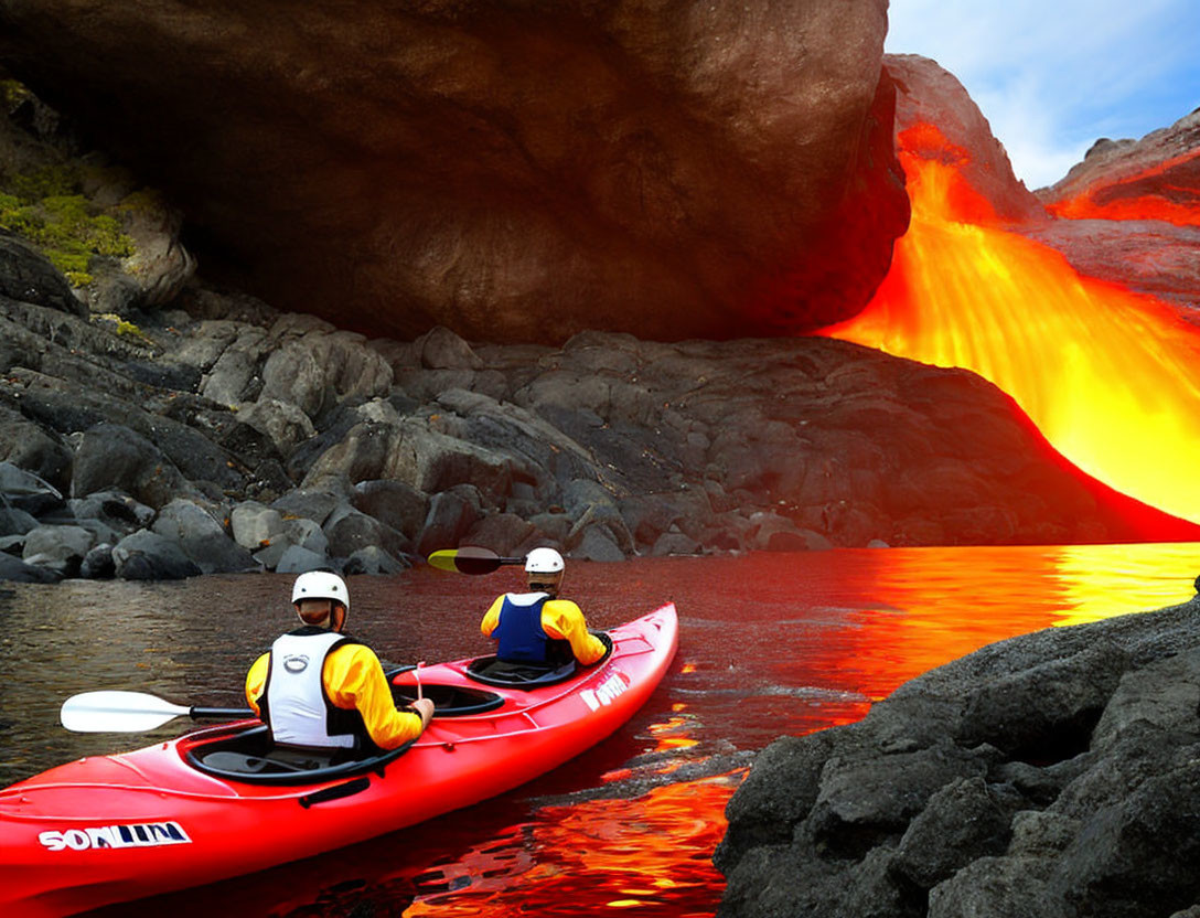 Kayakers witness lava flow meeting ocean with steam, rocky terrain.