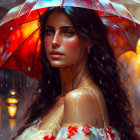 Dark-haired woman with captivating eyes holding umbrella in rain-drenched scene.