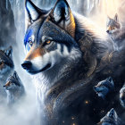 Detailed digital illustration of majestic wolf with blue eyes, surrounded by wolf figures, snowy mountain background