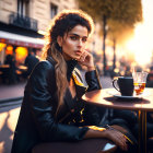 Stylish woman in chic coat at Parisian café with Eiffel Tower view