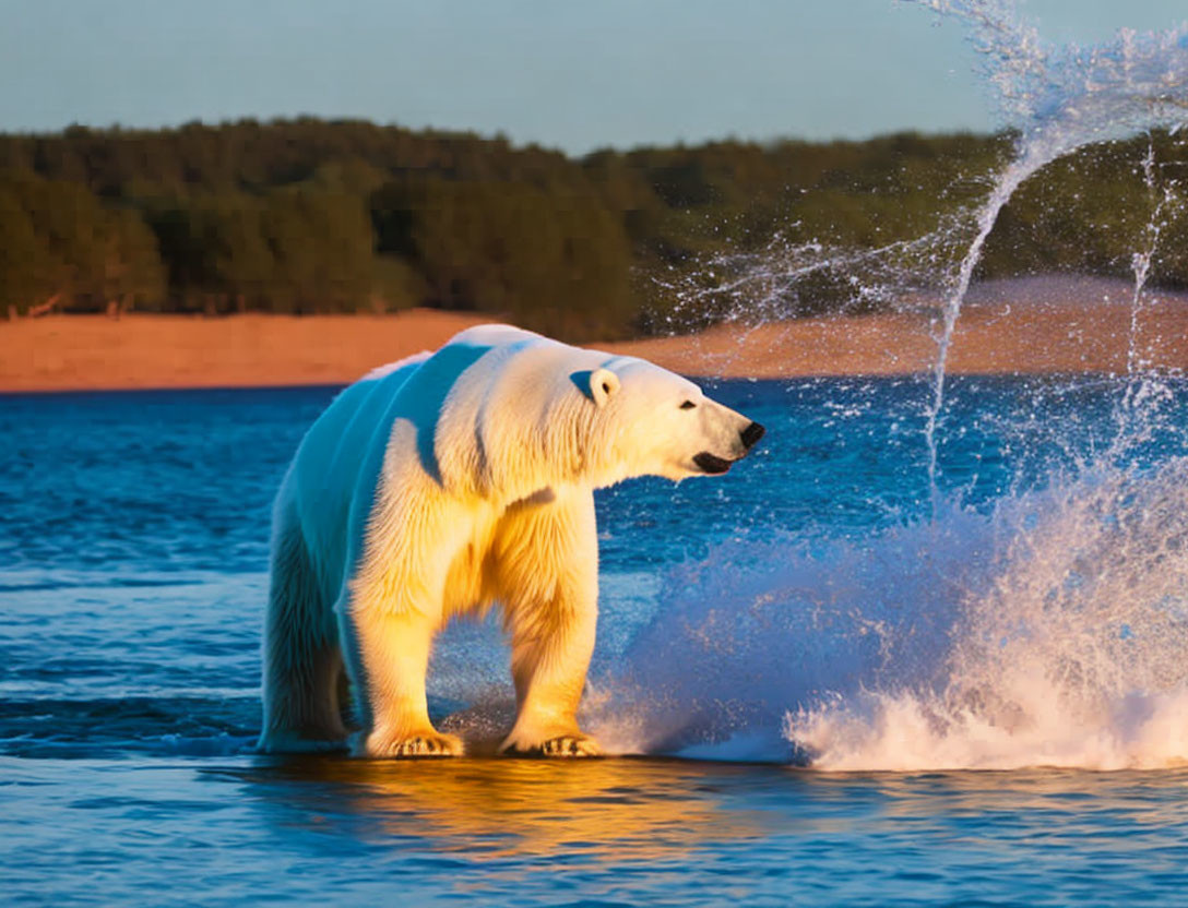 Polar bear near water with splash, warm light, and tree-lined horizon