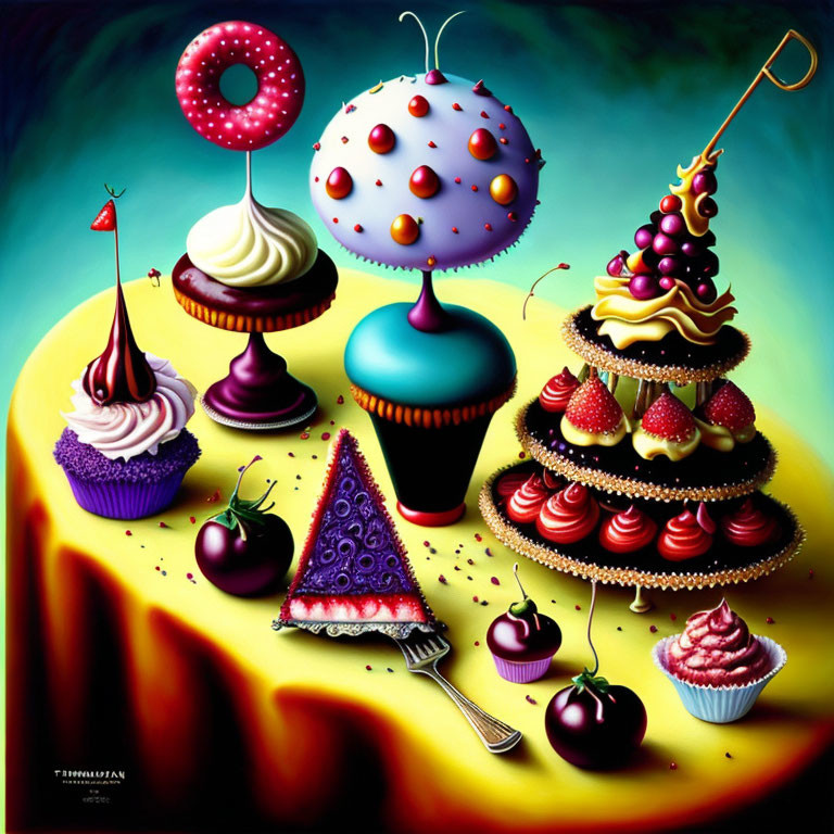 Colorful surreal painting featuring stylized desserts and fruits