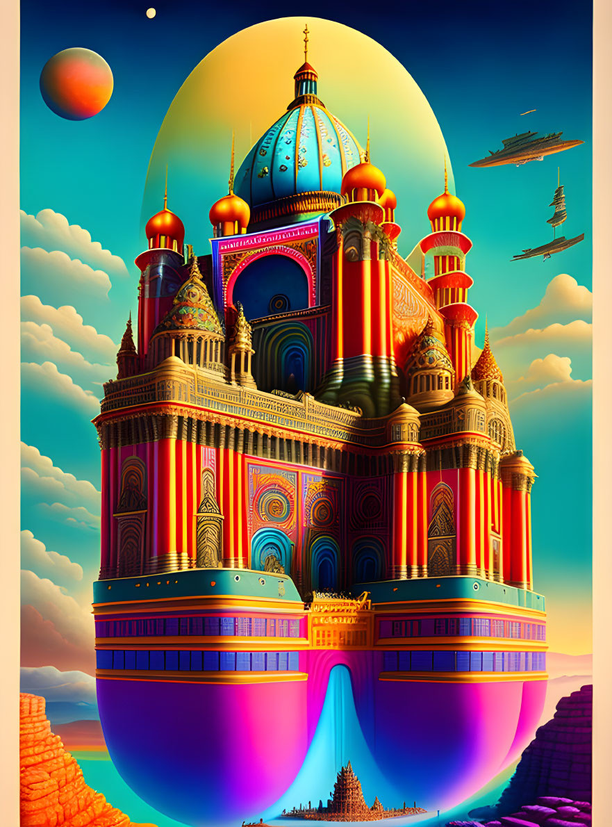 Fantasy palace with domes and airships in desert landscape