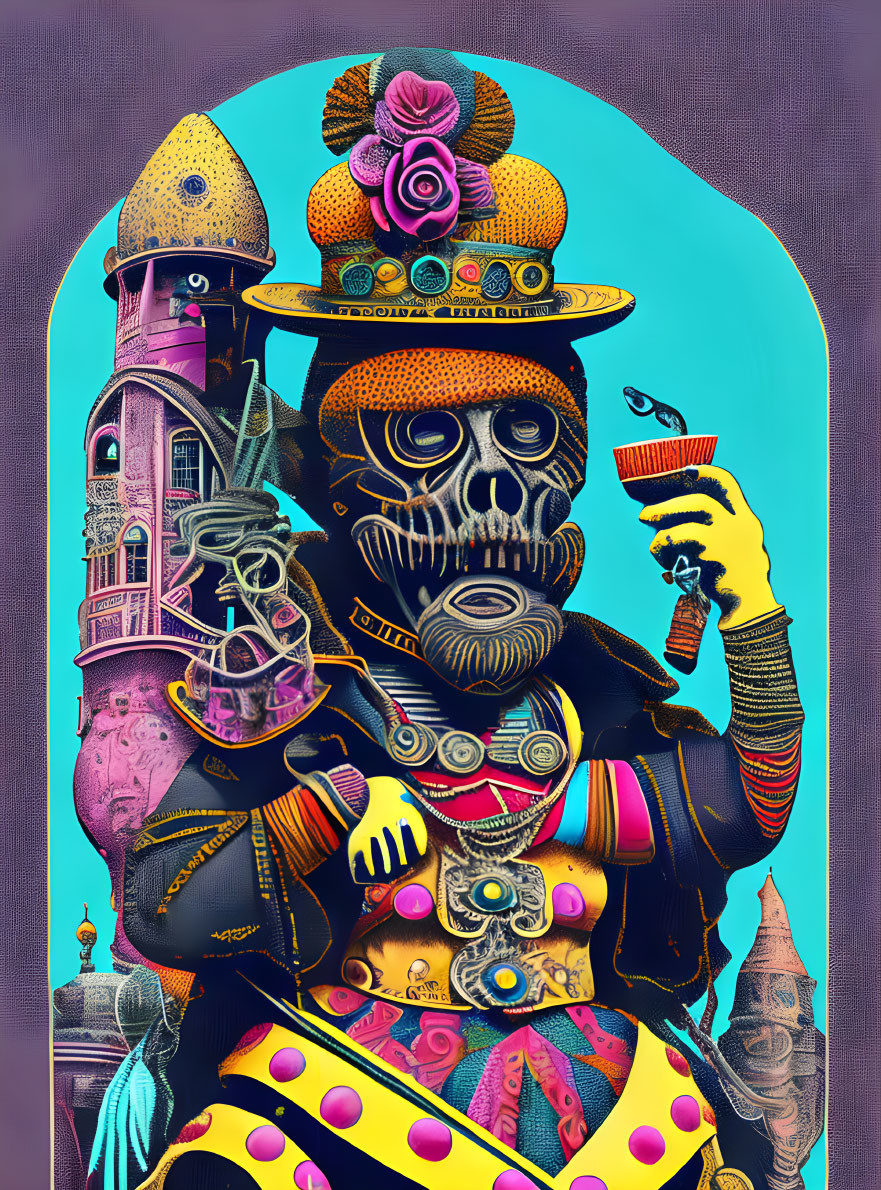 Colorful skeletal figure with intricate attire, castles, rose, and paintbrush