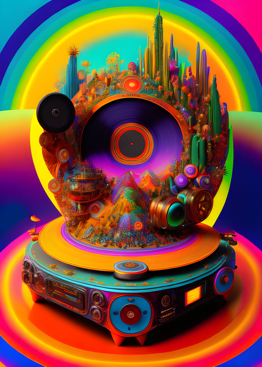 Colorful Digital Artwork: Turntable in Fantastical Cityscape