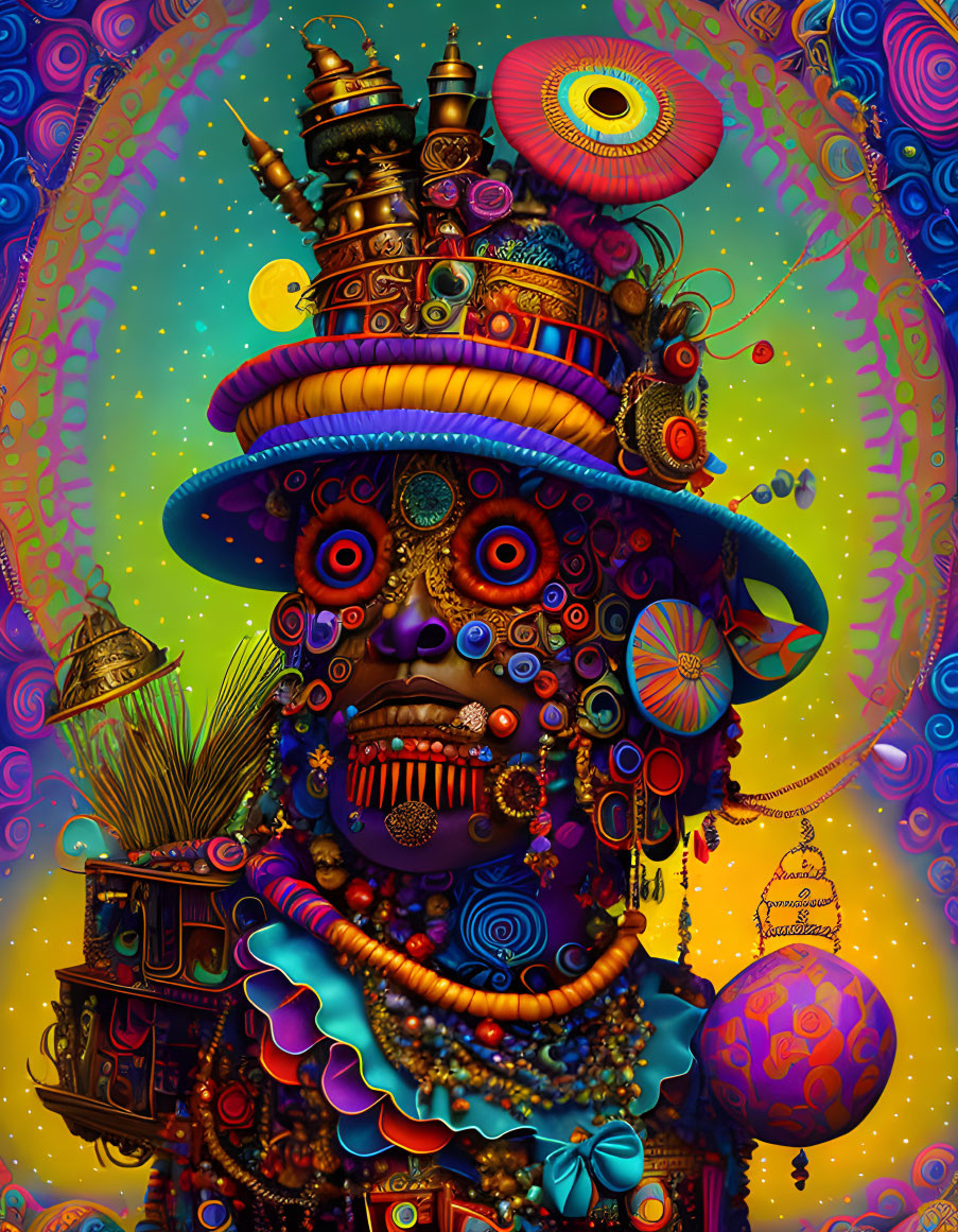 Vibrant psychedelic figure with mechanical and cosmic elements
