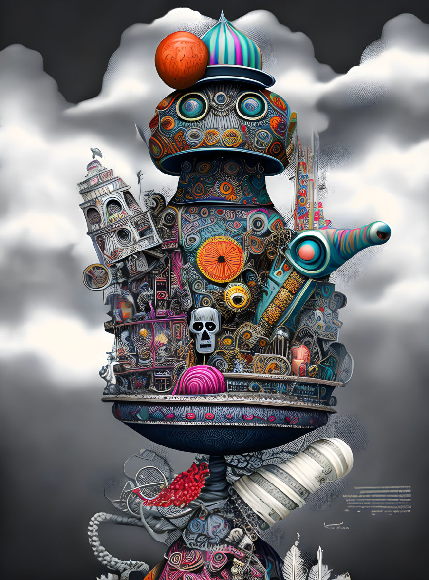 Colorful surreal illustration: towering robot figure with skull, orange, and architectural elements against cloudy sky.