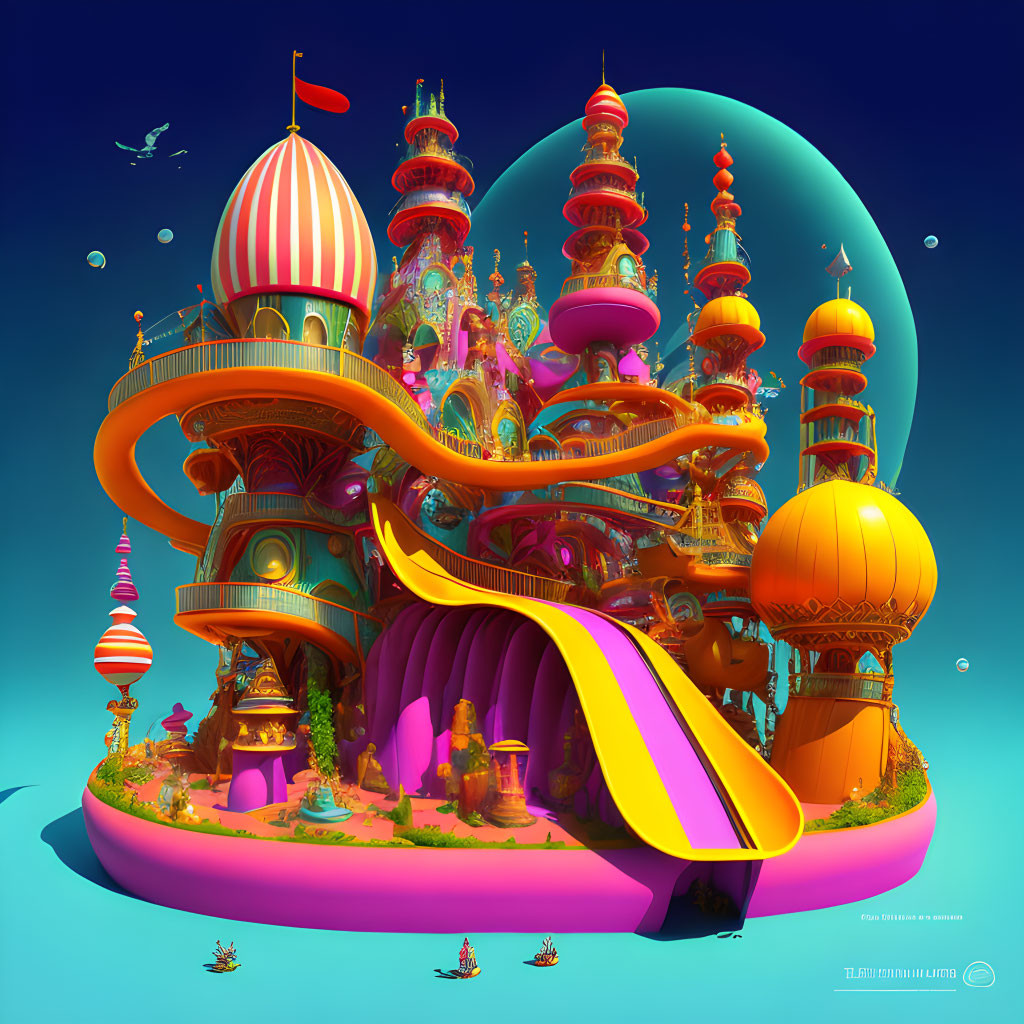 Colorful Fantasy Palace with Ornate Towers and Moonlit Boats