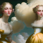 Golden-winged cherubic figures in classical celestial painting style among clouds