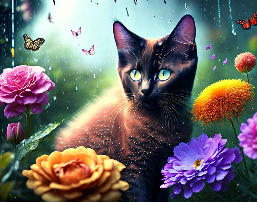 Black Cat with Yellow Eyes Surrounded by Flowers and Butterflies in Rainy Scene