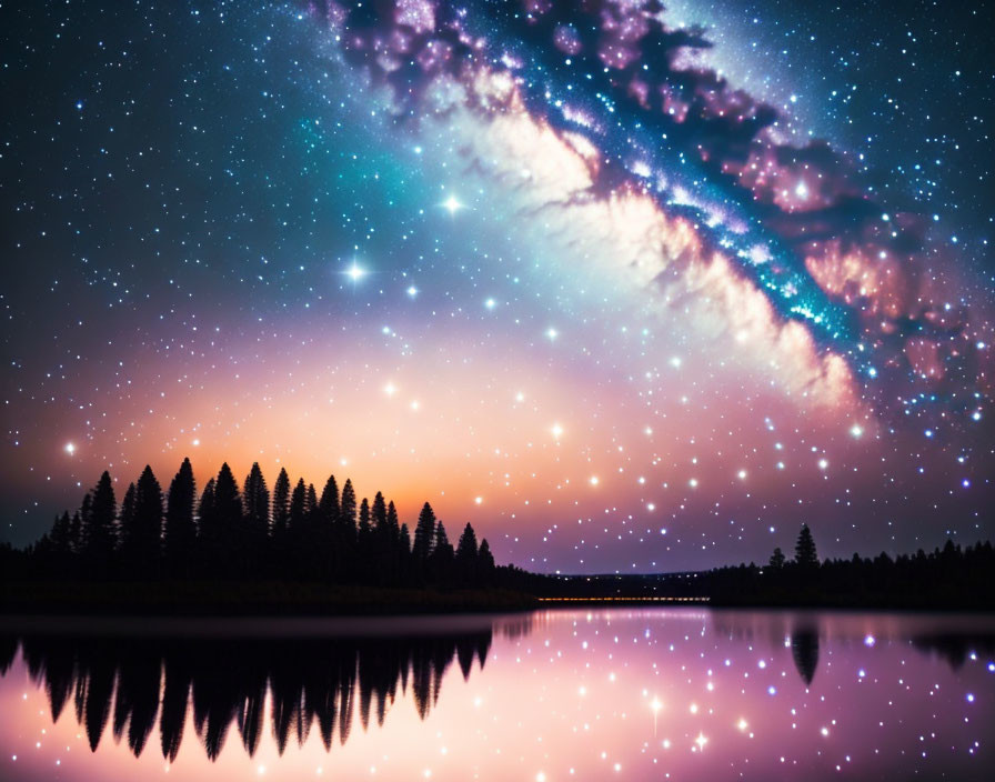 Starry night sky over forest silhouette and reflective lake