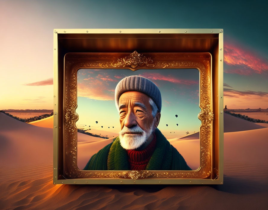 Elderly man with beard in hat and green scarf in golden frame against desert sunset.