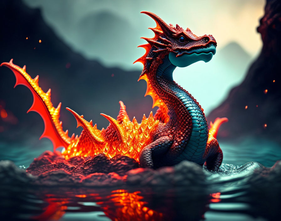 Red-Orange Fiery Dragon Emerges from Water in Mountainous Scene