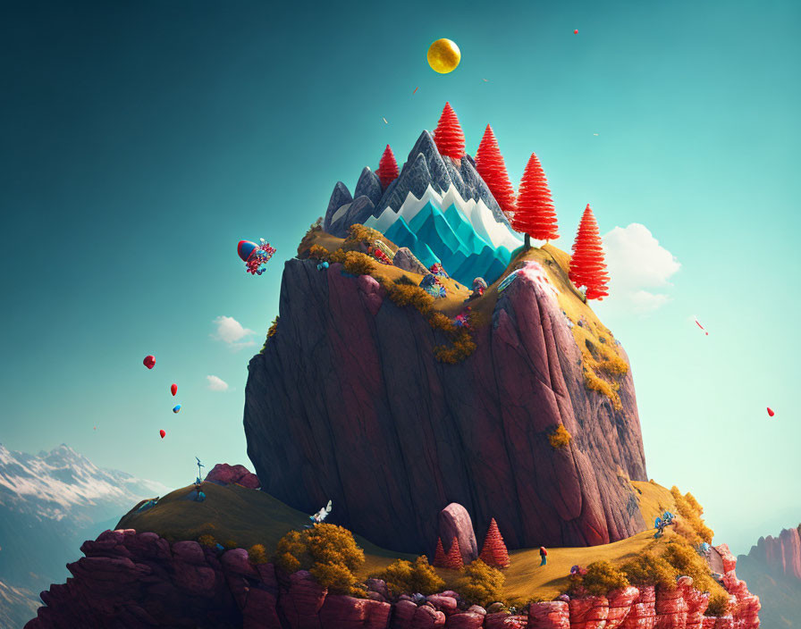 Fantastical landscape with floating island, crystal mountains, colorful trees, hot air balloons, yellow moon