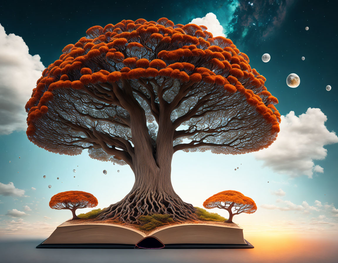 Majestic tree with vibrant orange foliage on open book against surreal sky