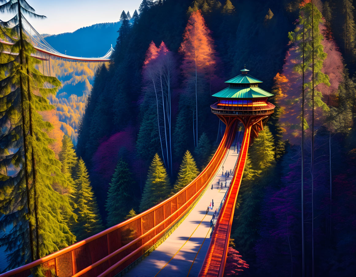 Scenic treetop walkway with pagoda-style tower in lush forest