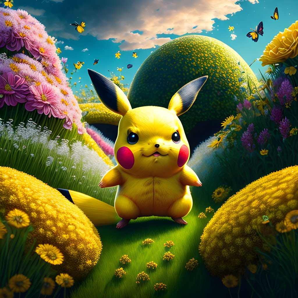 Colorful Pikachu illustration in meadow with flowers and butterflies