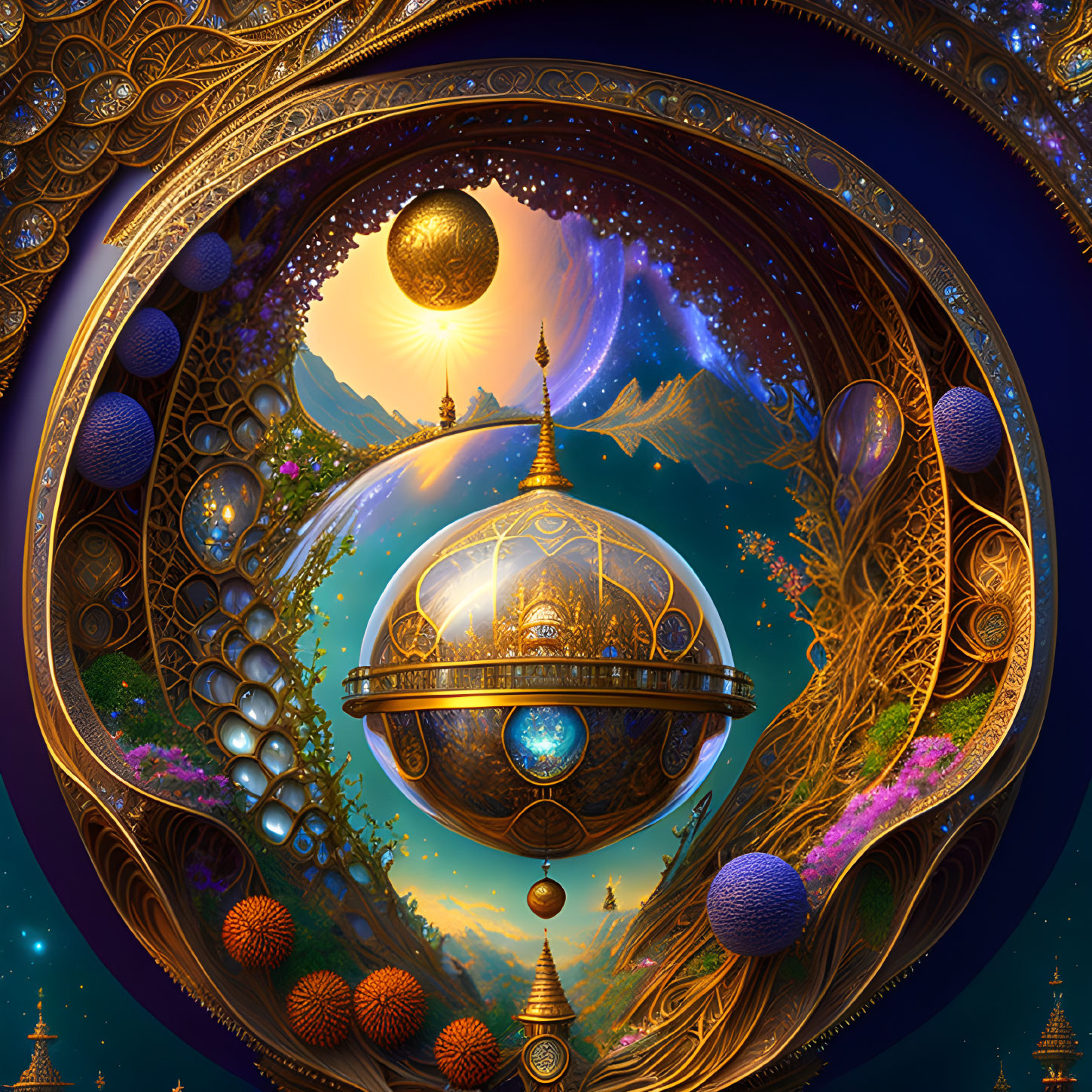 Surreal landscape fractal art with orbs, spirals, and intricate patterns