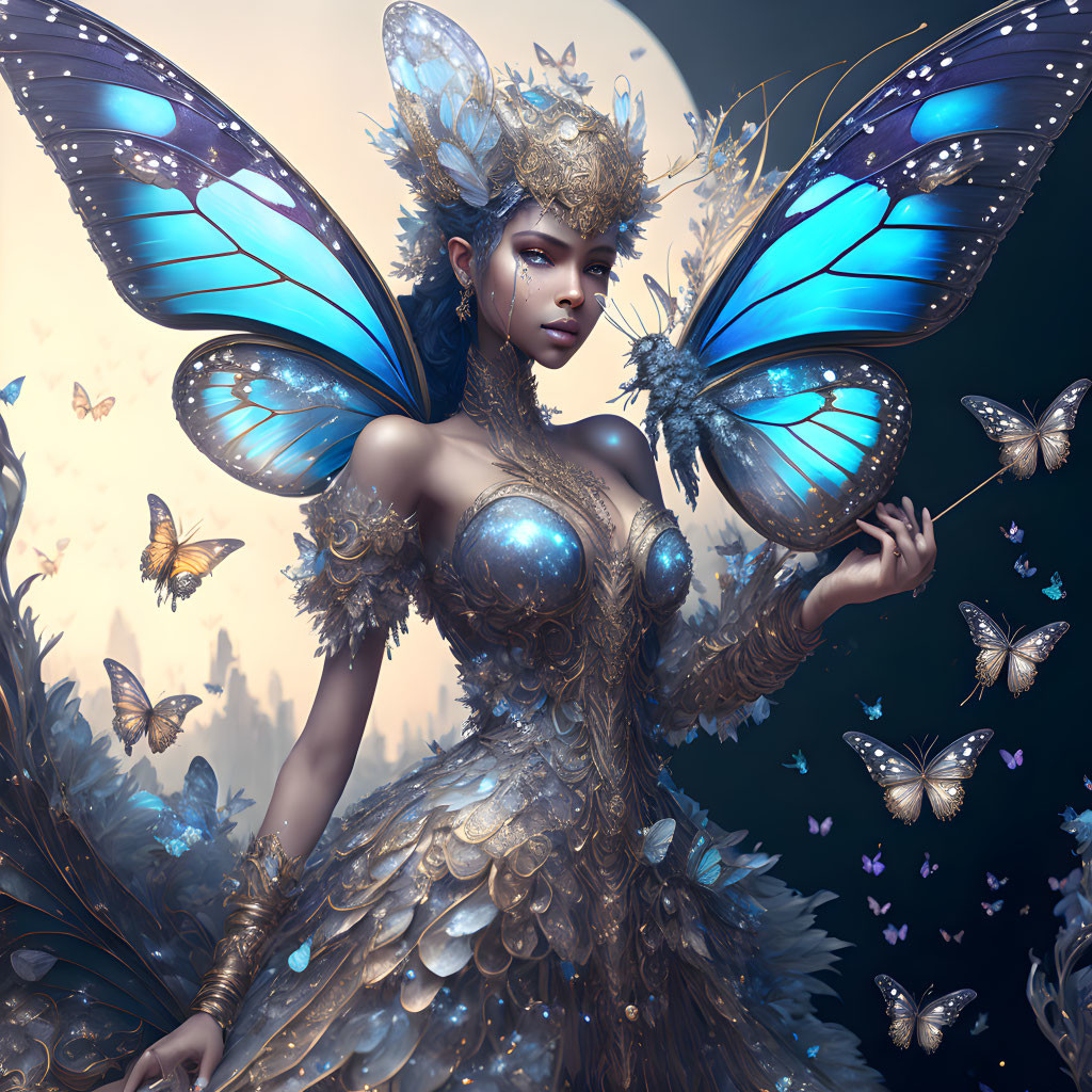 Woman with Butterfly Wings in Nature-Inspired Attire Among Butterflies
