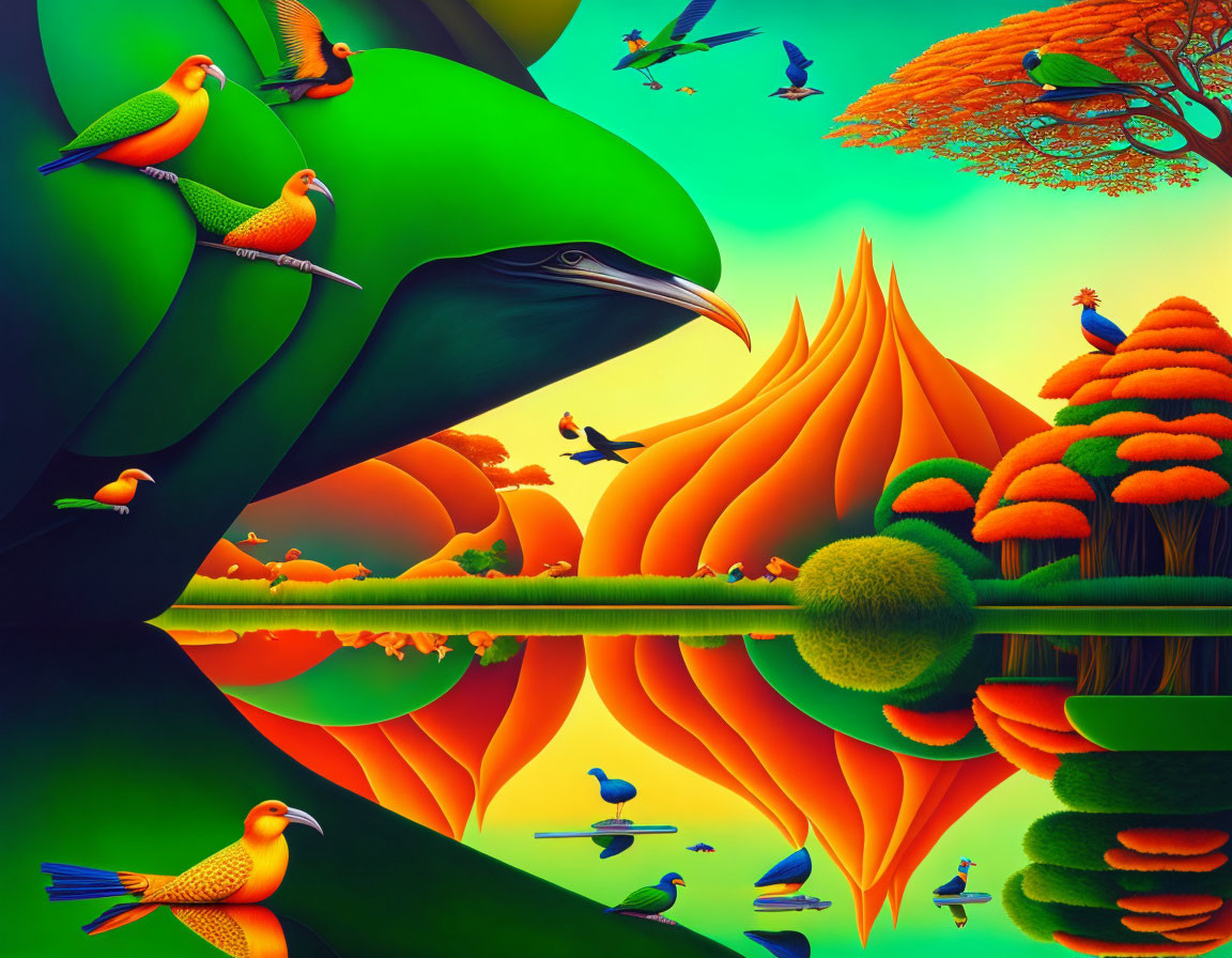 Colorful Birds and Surreal Landscape with Oversized Bird Head and River