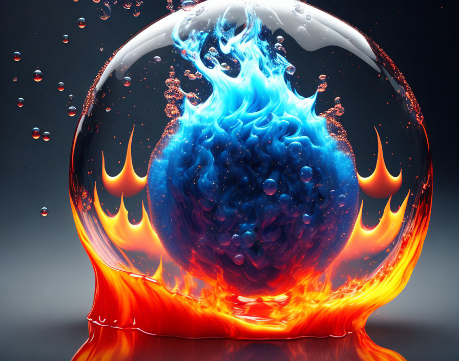 Abstract digital artwork: Fiery liquid shape with flame-like protrusions and blue sphere.