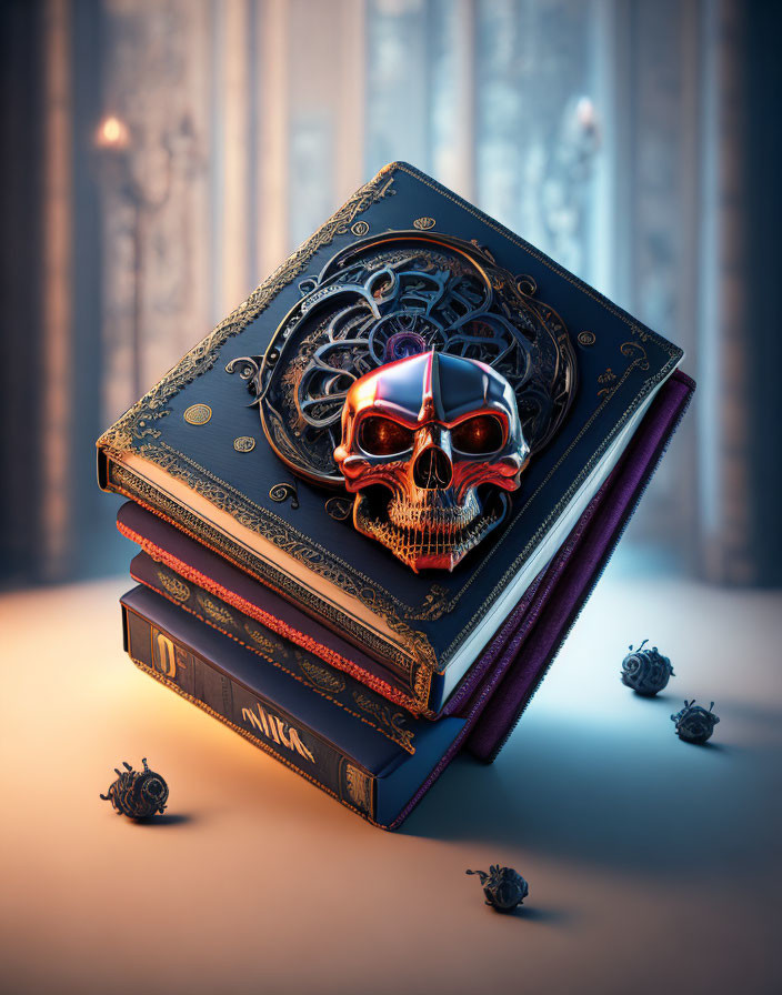 Ornate books with red and gold skull, intricate patterns, black roses on wooden surface