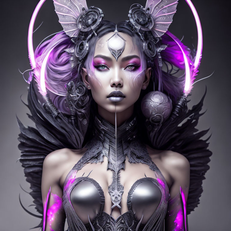Fantasy-themed digital artwork of female with purple accents and intricate ornaments