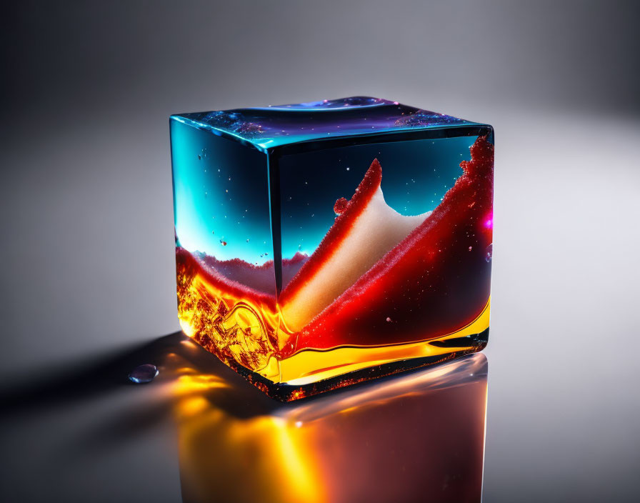Translucent cosmic cube with vibrant colors and reflective surface